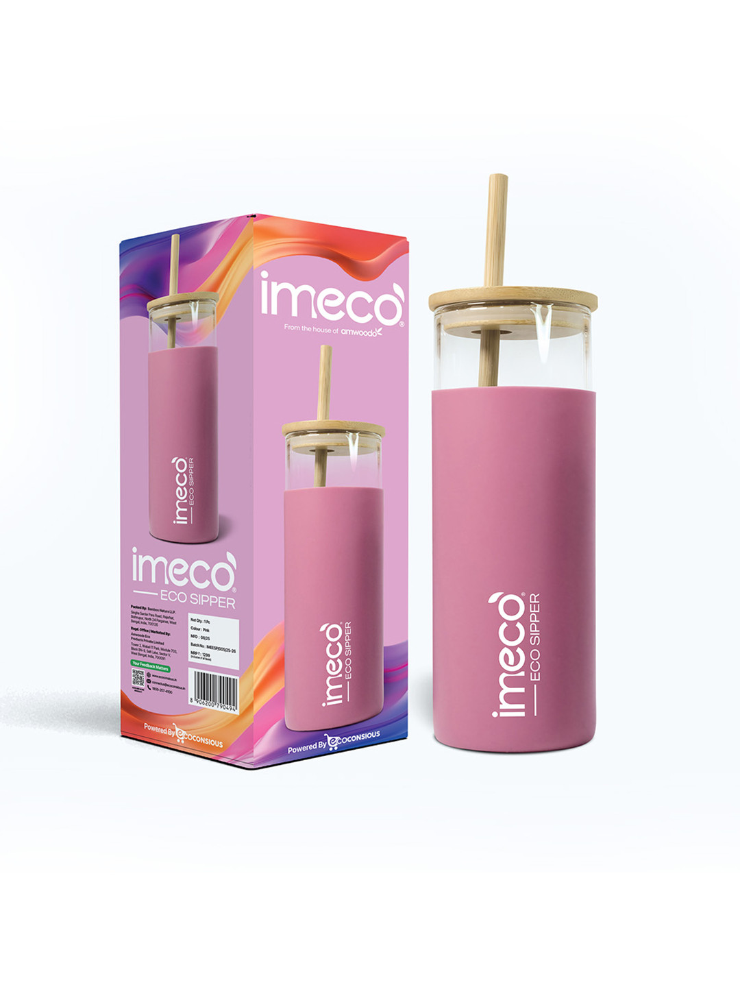IMECO ECO-SIPPER Pink Glass Water Tumbler With Bamboo Lid & Straw 450ml