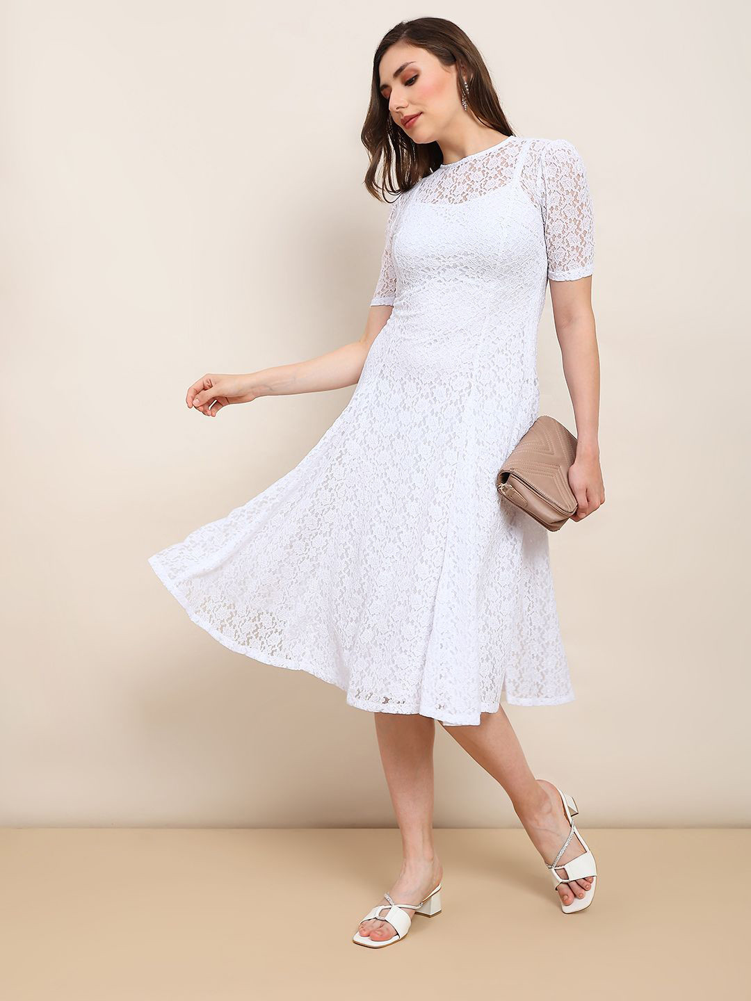 Globus White Round Neck Puff Sleeves Flared Hem Panelled Floral Lace A-Line Midi Party Dress