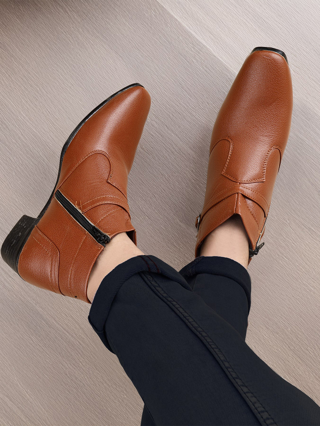 Bxxy Men Textured 5.08 CM Height Increasing Block Heel Formal Slip-on Zipper Ring Boots