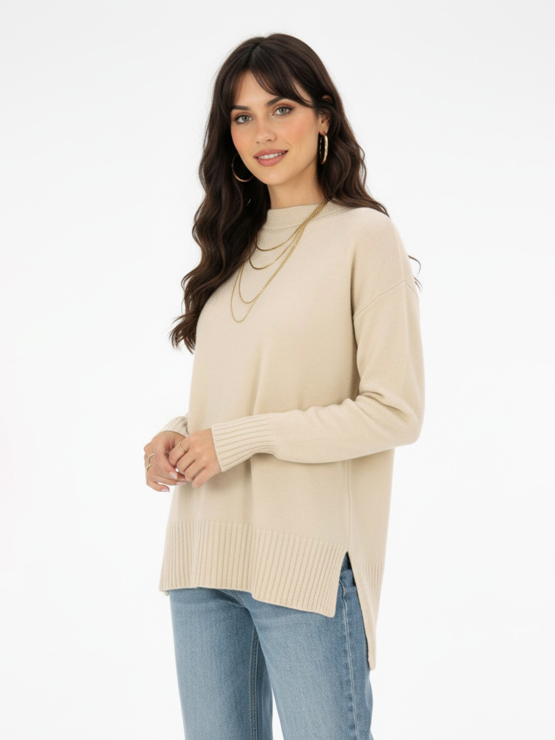 glitchez Round Neck Drop-Shoulder Sleeves Pullover With High low Hem