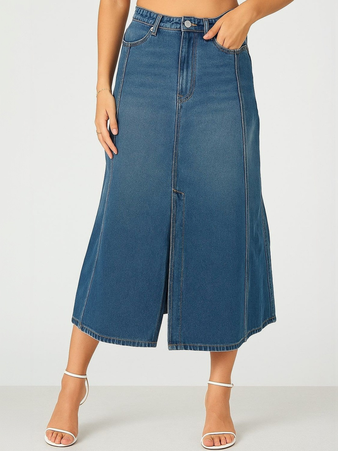 Lounge Dreams Women Solid A-Line Midi Pure Cotton Denim Skirts