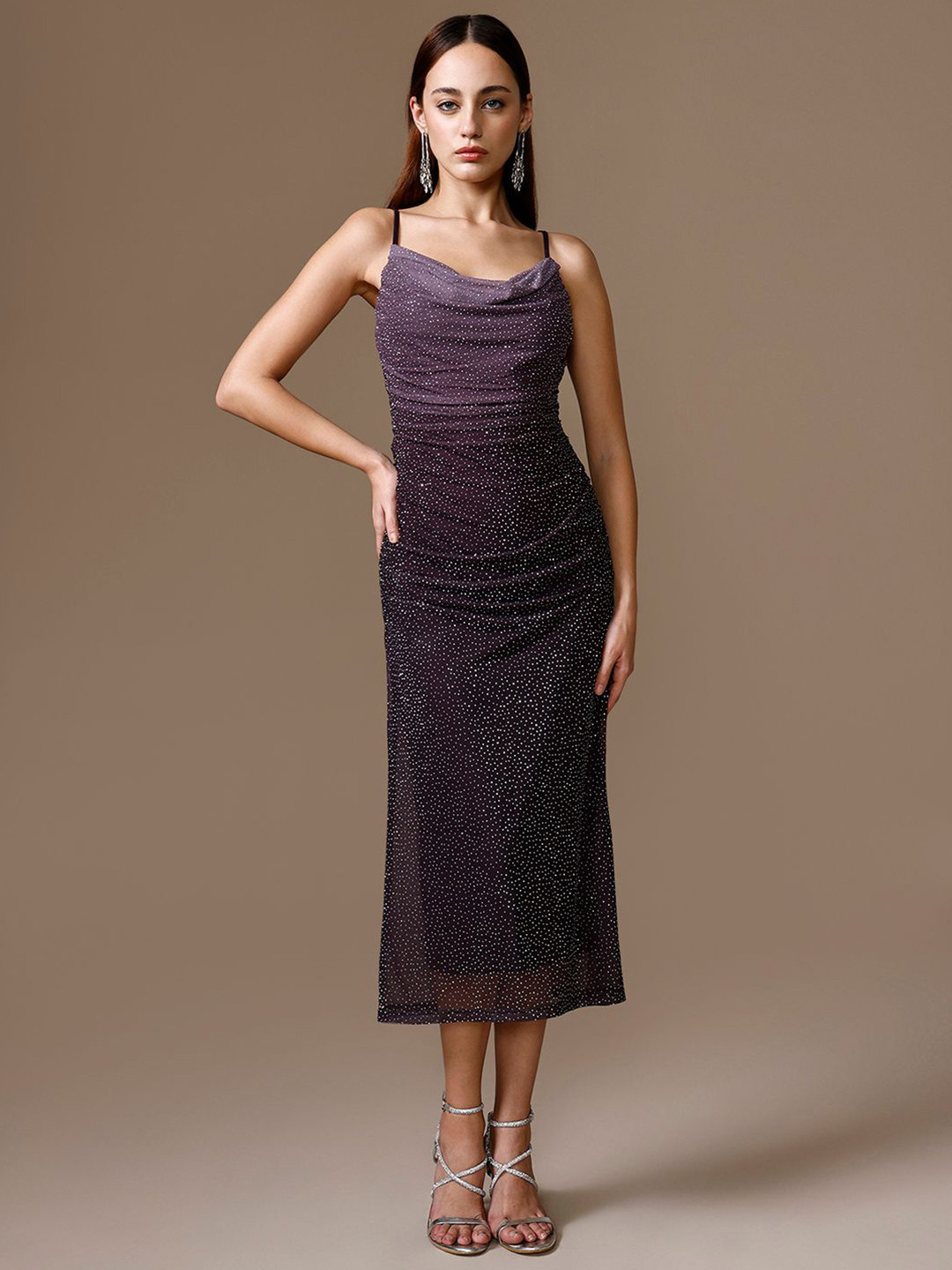 Kazo Embellished Cowl Neck Bodycon Midi Dress