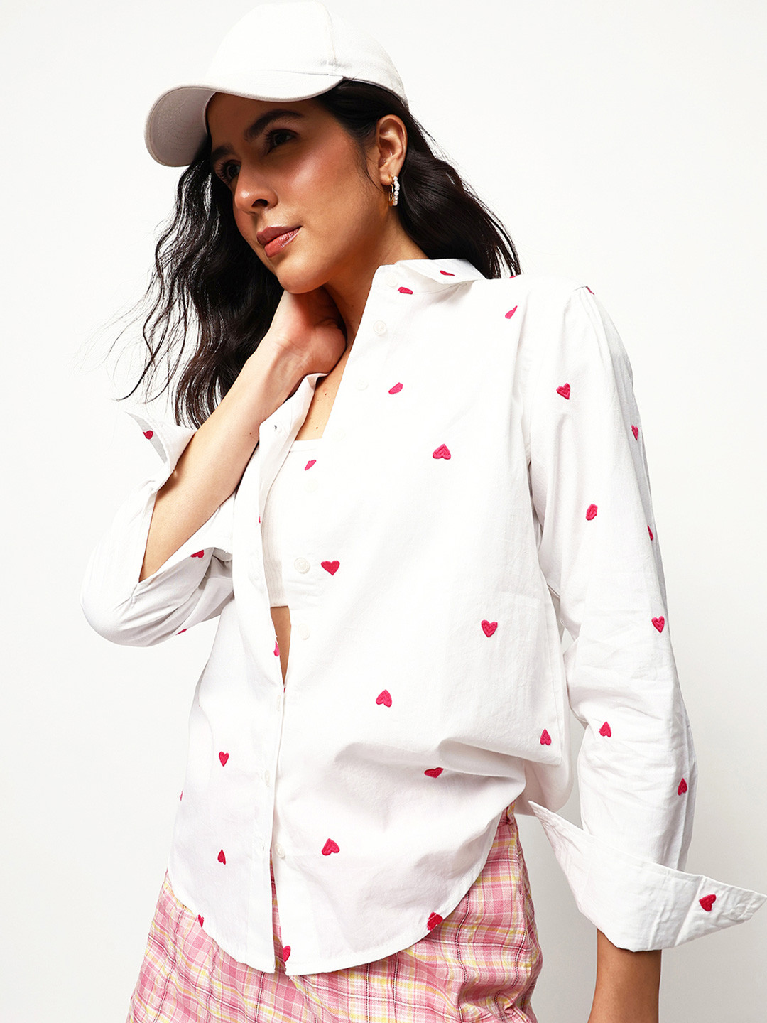 Hubberholme Women Comfort Heart Shape Oversized Embroidered Casual Shirt