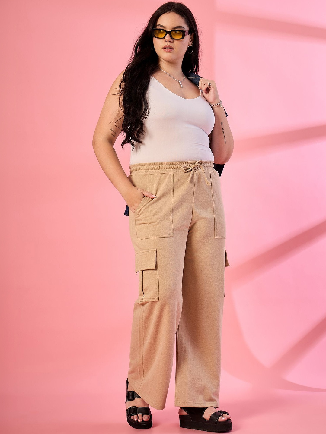 ALIZA Women Plus Size Relaxed-Fit Cotton Drawstring Cargos Trousers