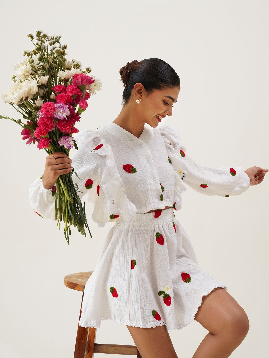 Mylin Printed Cotton V Neck Top With Skirt Co-Ords Set