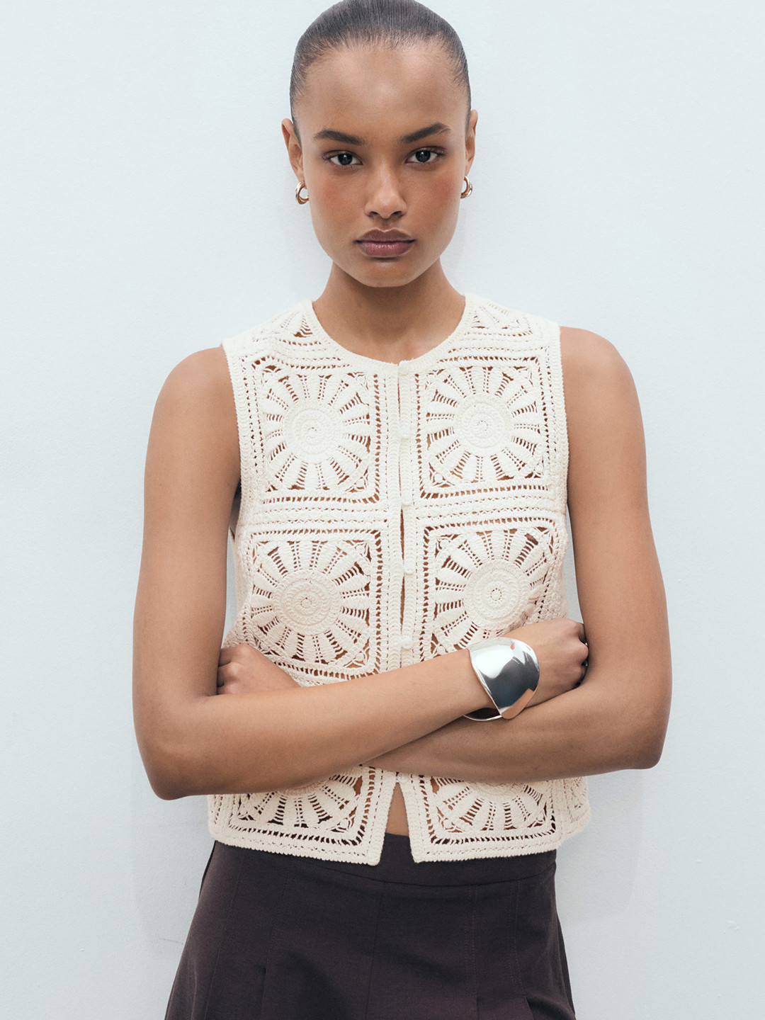 MANGO Crochet Self Design Round Neck Seer Vest Coat