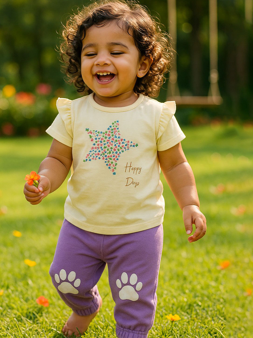 BONTOTS Infant Girls Playpul Paw Printed Organic Cotton Jogger