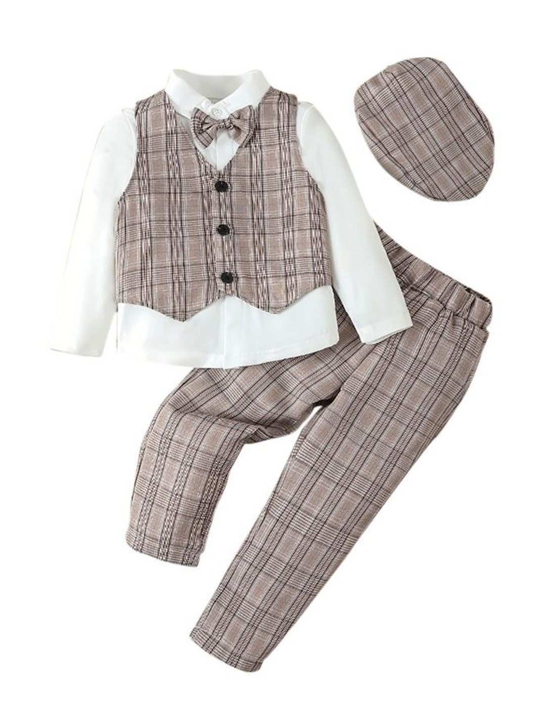 StyleCast x Revolte Boys Checked Single-Breasted Three-Piece Suit With Shirt Tie And Cap
