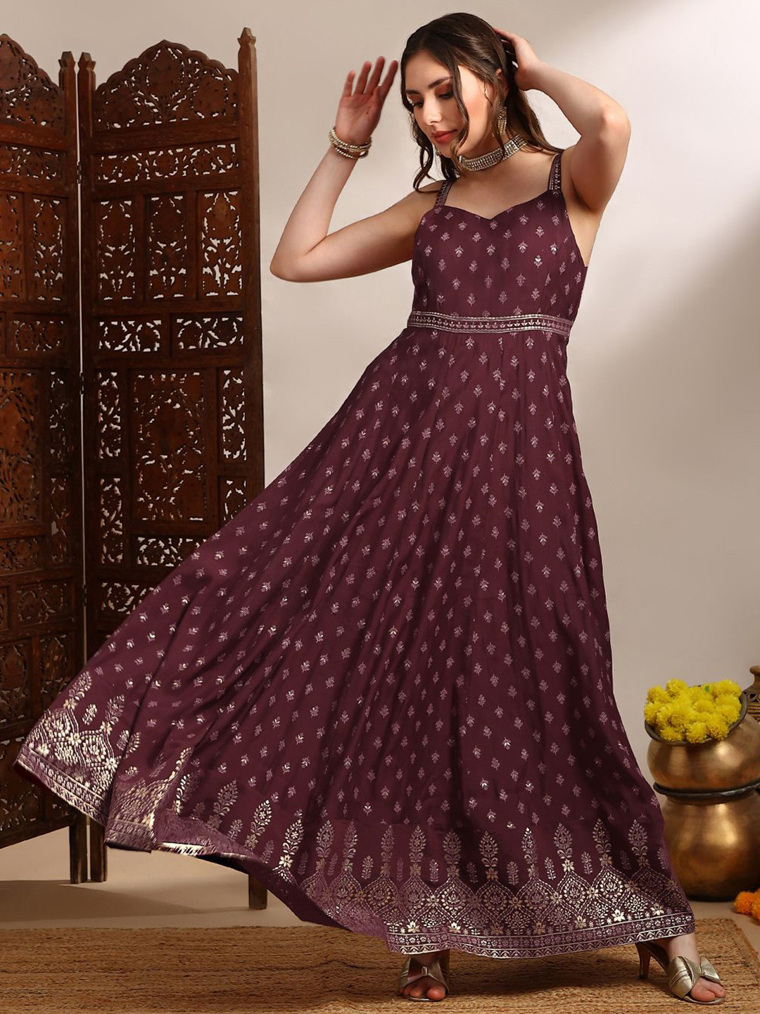 Globus Printed Shoulder Straps Silk Fit & Flared Ethnic Dresses