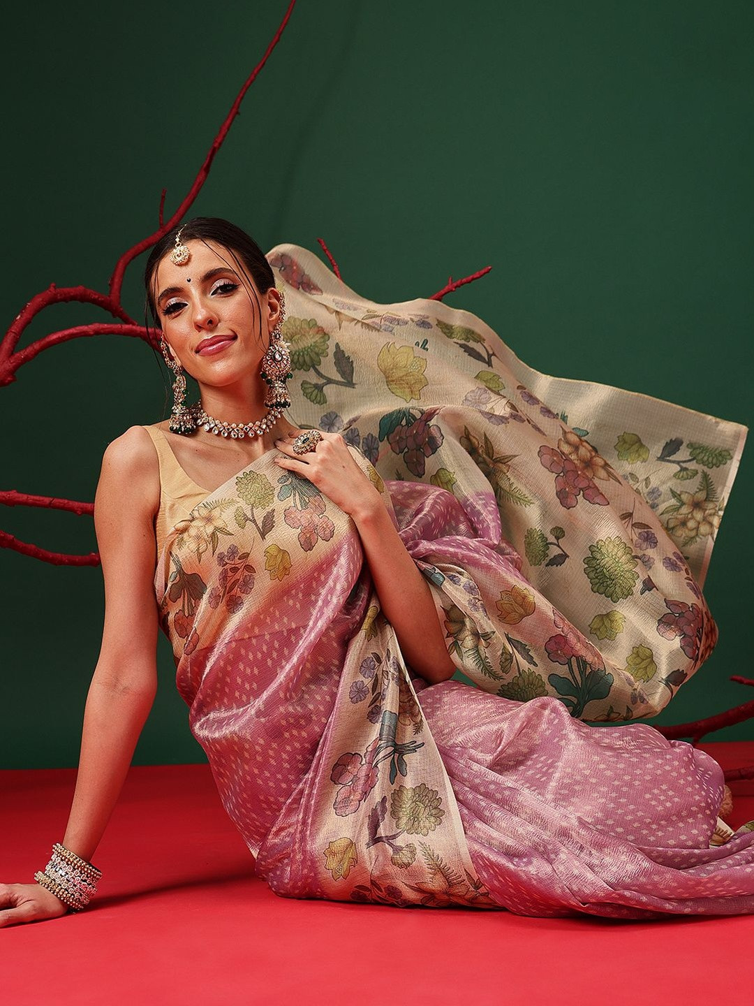 Silk Land Floral Zari Tissue Designer Fashion Saree