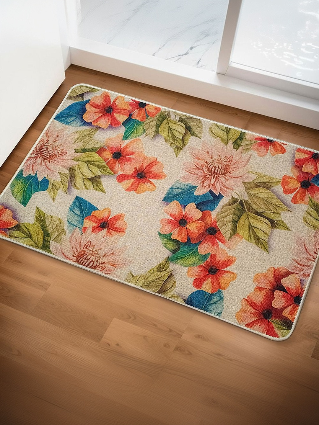 Yellow Weaves Beige & Red Floral Printed Anti-Slip Super-Absorbent 300-GSM Bath Rug