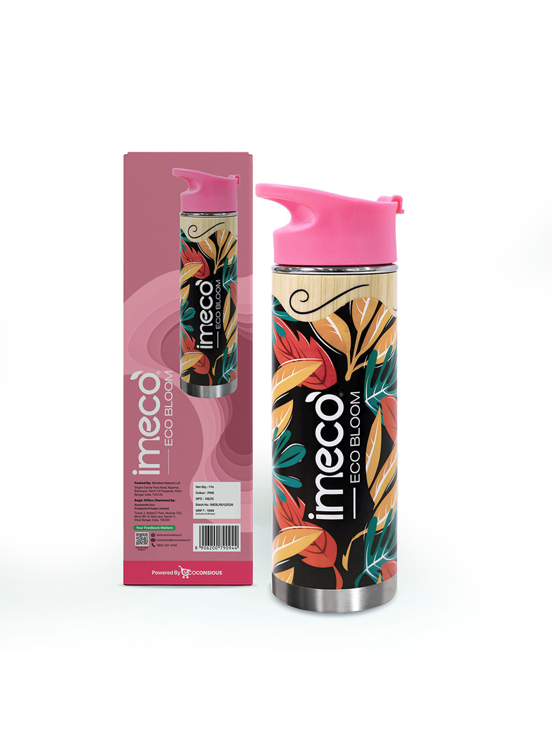 IMECO Pink & Beige Printed Stainless Steel Double Wall Vacuum Water Bottle- 450 ml