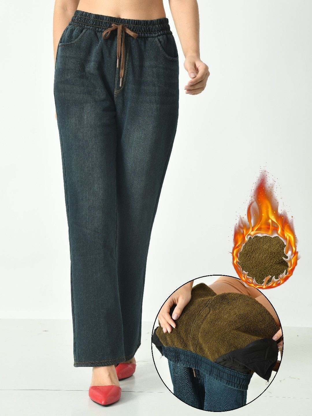 PIKAYO Straight Leg Mid-Rise Winter Warm Thermal Jeans