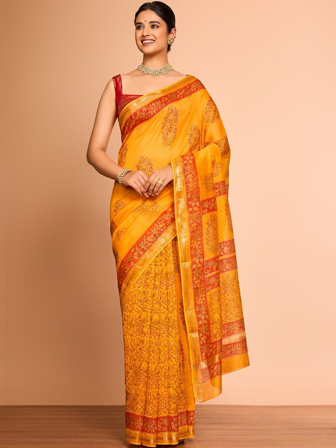 Taneira Rajasthan Floral Zari Block Print Sanganeri Saree