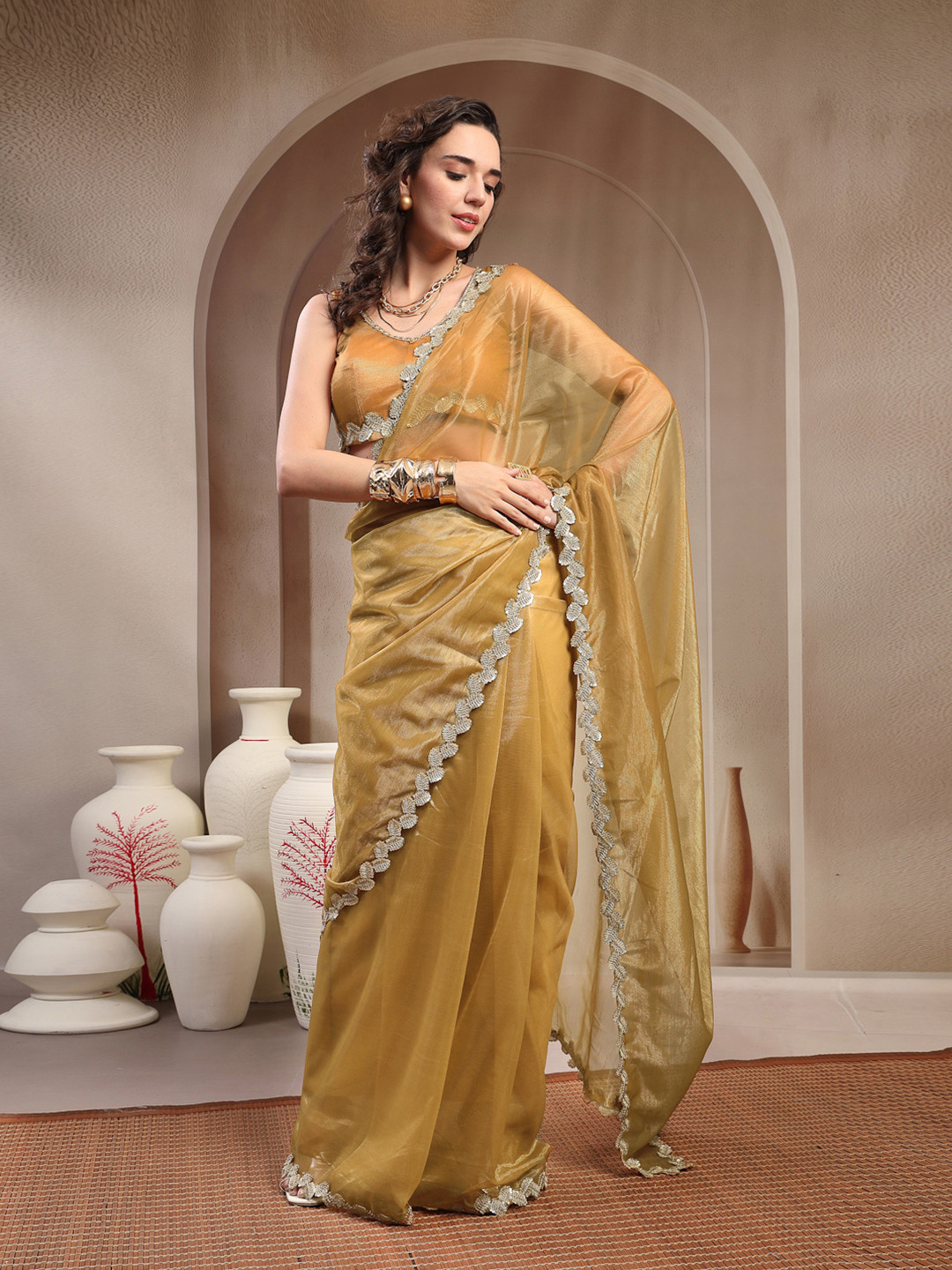 Stylum Gold Toned & Silver Toned Net Designer Saree