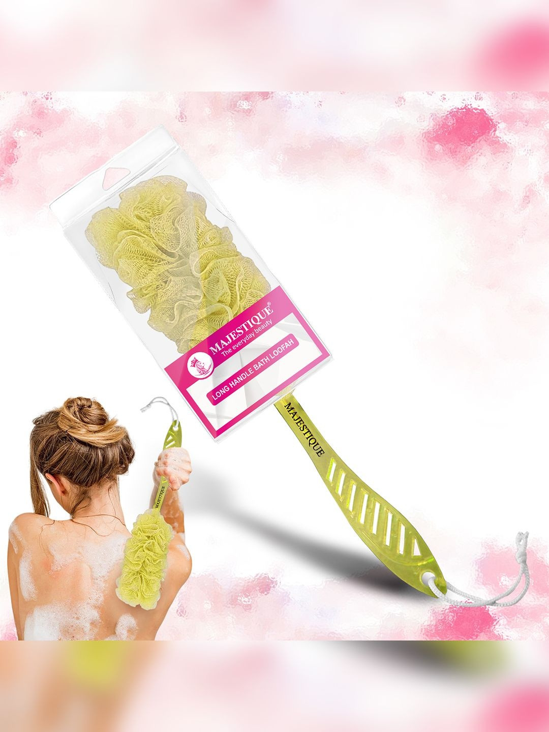 MAJESTIQUE Long Handle Loofah Body Scrubber Soft Nylon Mesh Sponge Bath Brush