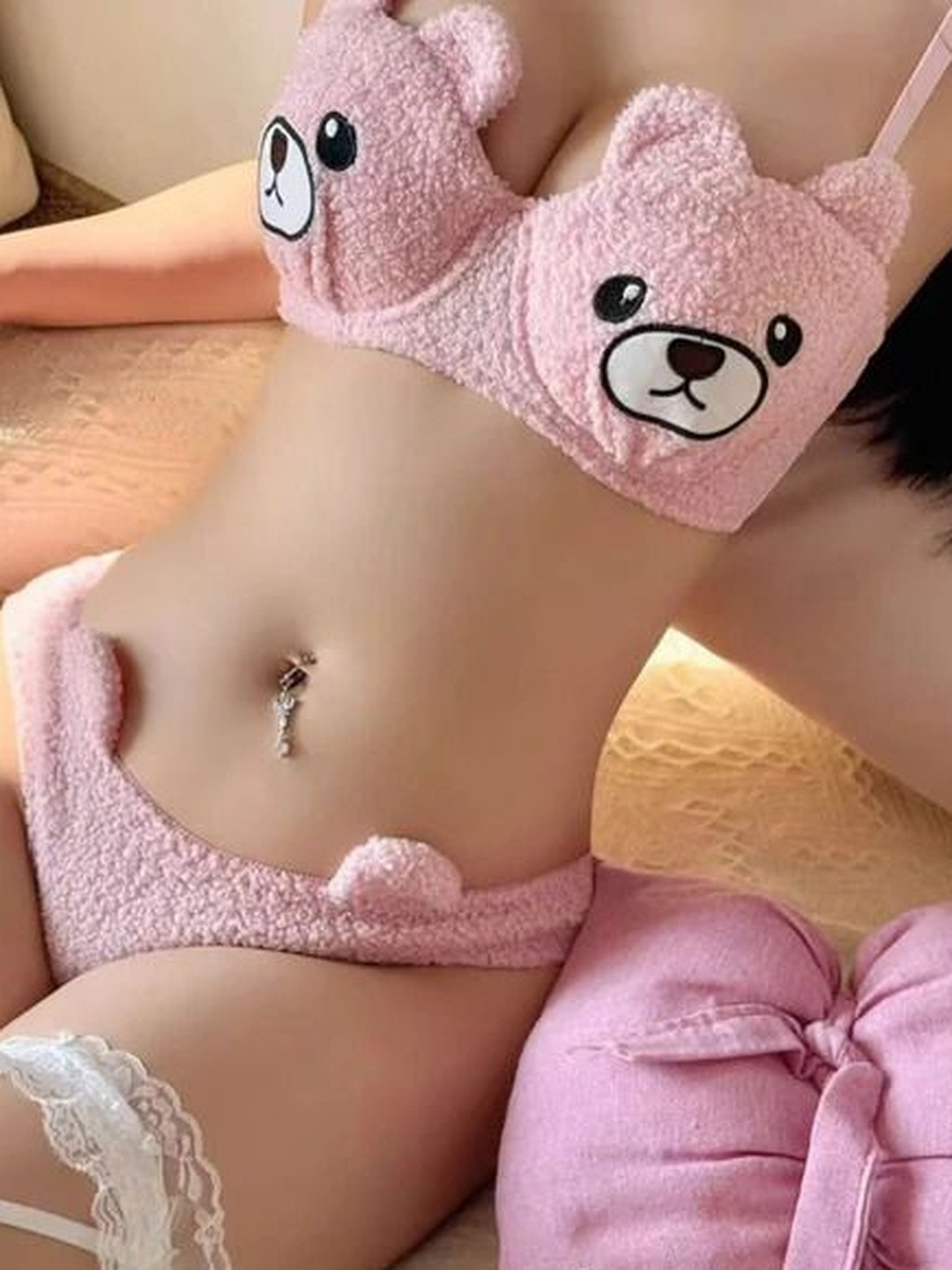 Eleg & Stilance Low-Rise Lightly-Padded Soft Cozy Plush Teddy Cotton Lingerie Set