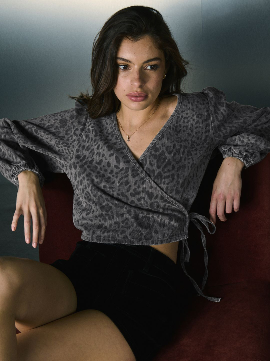 NEXT Animal Print Puff Sleeve Pure Cotton Wrap Crop Top