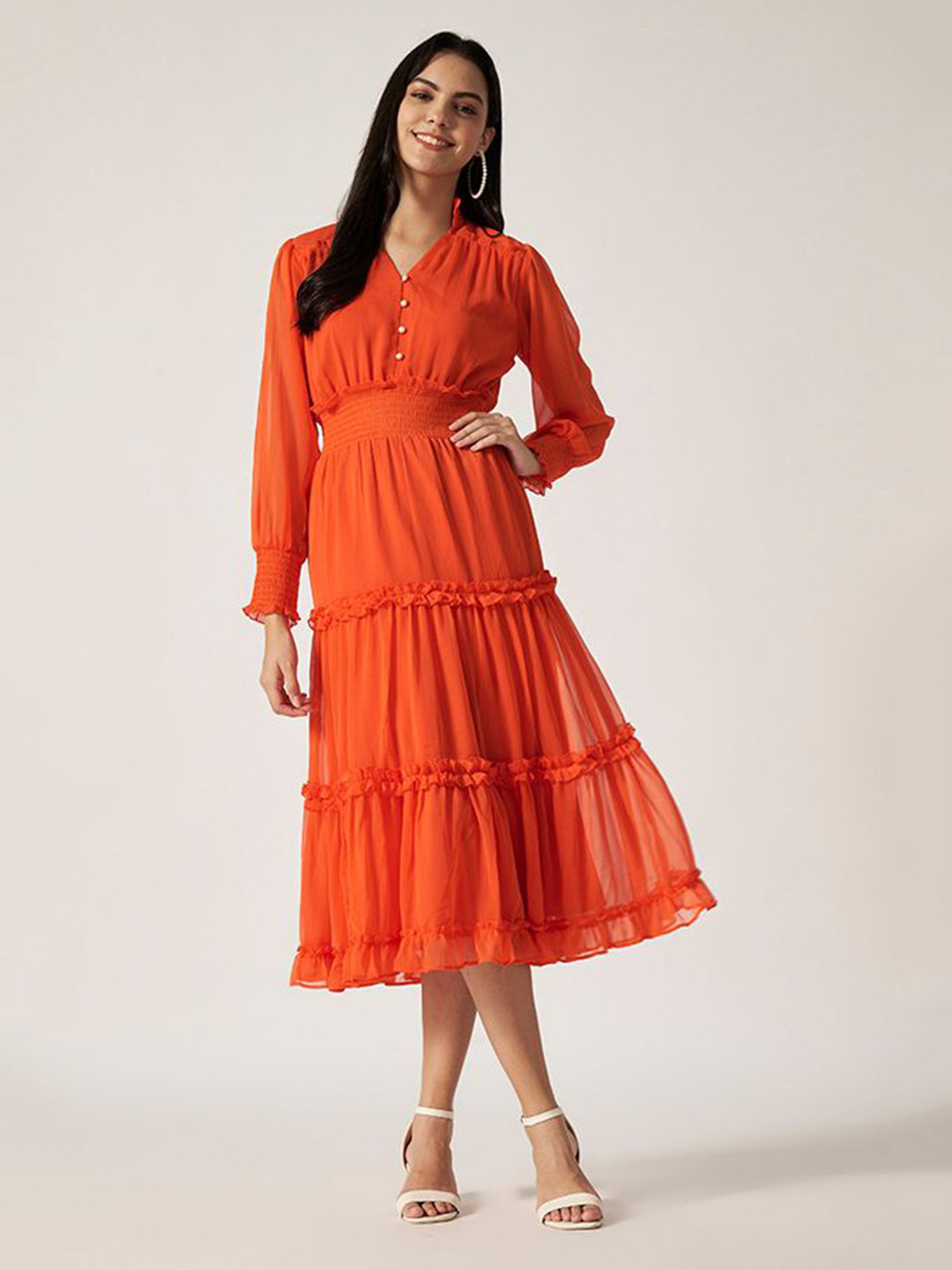 House of Sal Tie-Up Neck Puff Sleeve Fit & Flare Maxi Dress