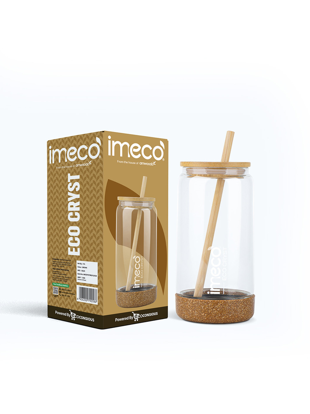 IMECO Brown Borosilicate Glass Sipper Bottle with Bamboo Lid & Reusable Straw 500 ml