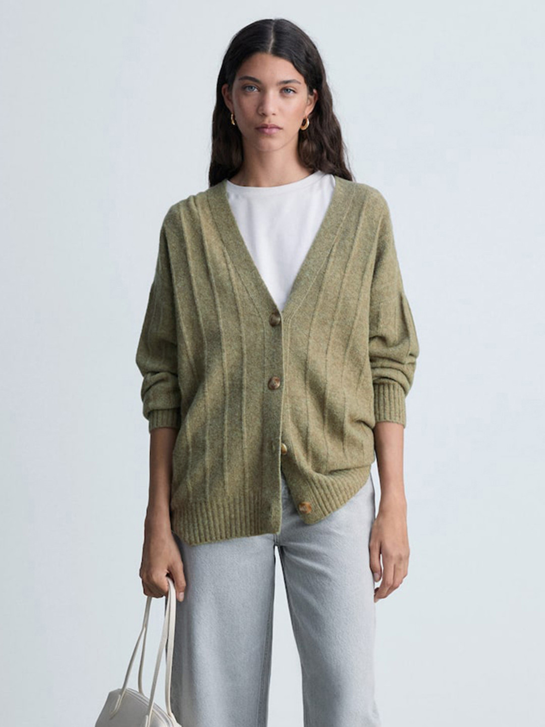 MANGO Self-Striped V-Neck Cardigan