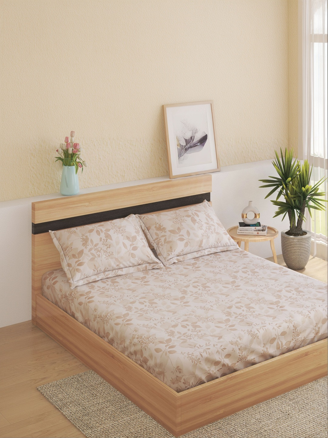 Home Centre Beige 200 TC King Bedsheet with 2 Pillow Covers