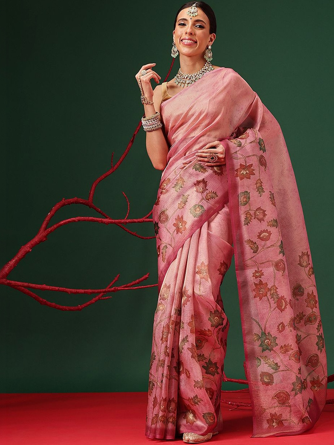 Silk Land Floral Printed Zari Textured Crush Tissue Saree