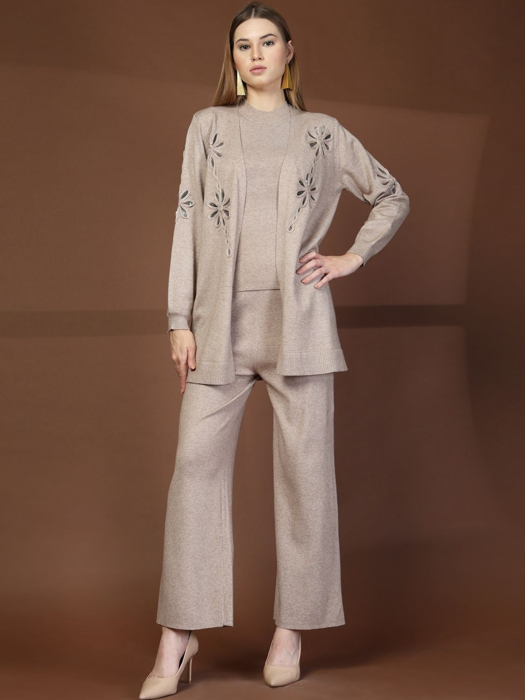 Mafadeny Embroidered Round Top & Shrug With Trousers Co-Ords