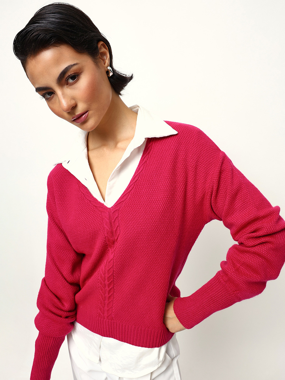 High Star Women Cabel Knit Self Design Pullover