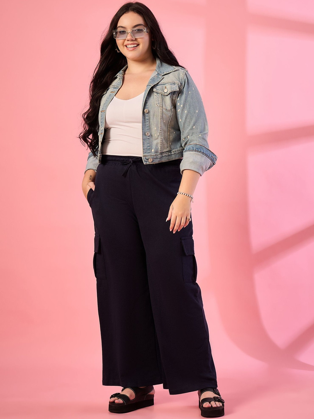 ALIZA Relaxed-Fit Cotton Plus Size Drawstring Cargos Trousers