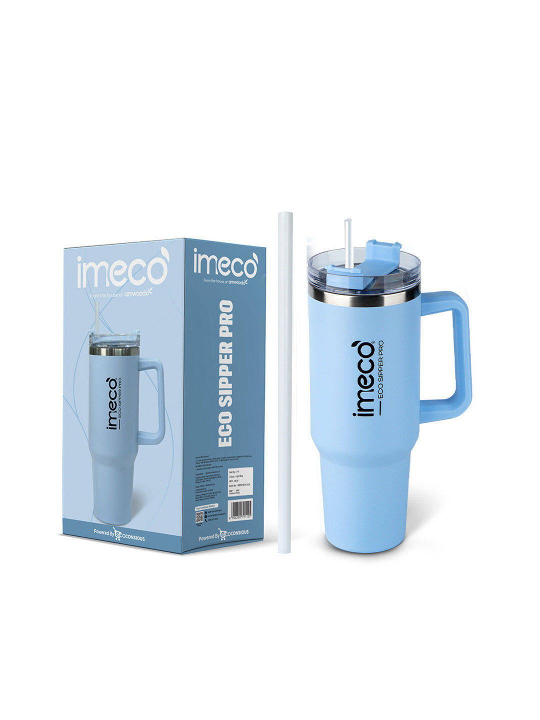 IMECO Blue Stainless Steel Single Wall Vacuum Water Tumbler With Lid & Straw 1200ML