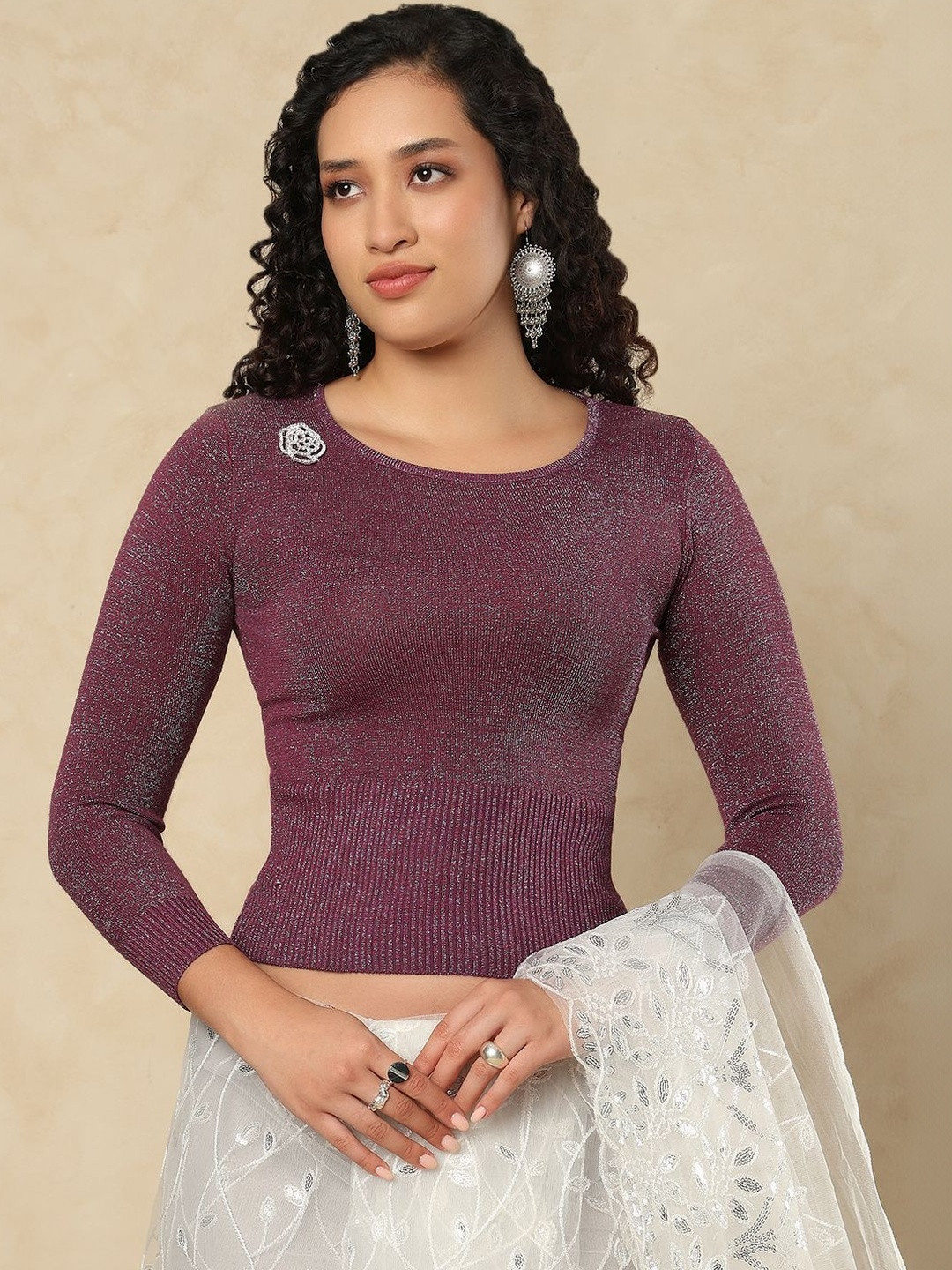SALWAR STUDIO Embellished Round Neck Full Sleeves Stretchable Woollen Saree Blouse