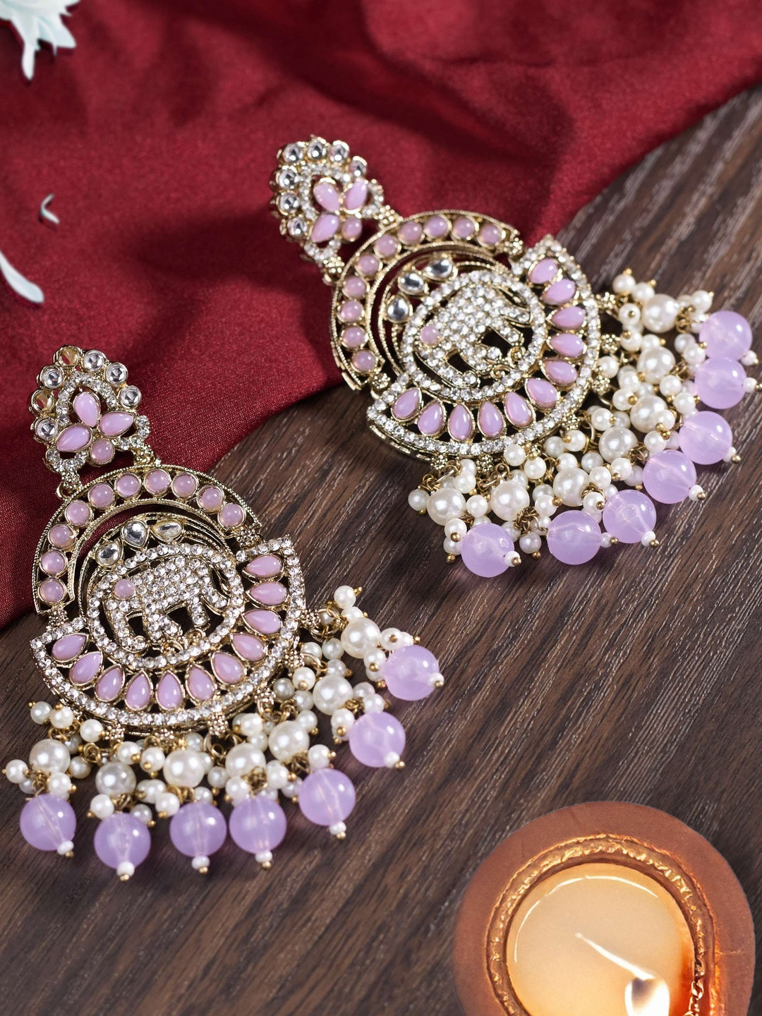 zarmar fashion Gold-Plated Artificial Stones Studded & Beaded Crescent Shaped Chandbalis