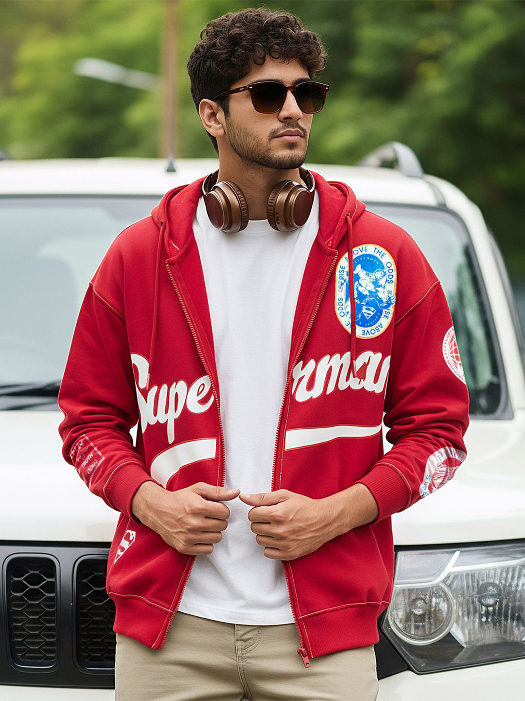 Bewakoof Official DC Men Red Superman Graphic Printed Oversized Zipper Hoodie