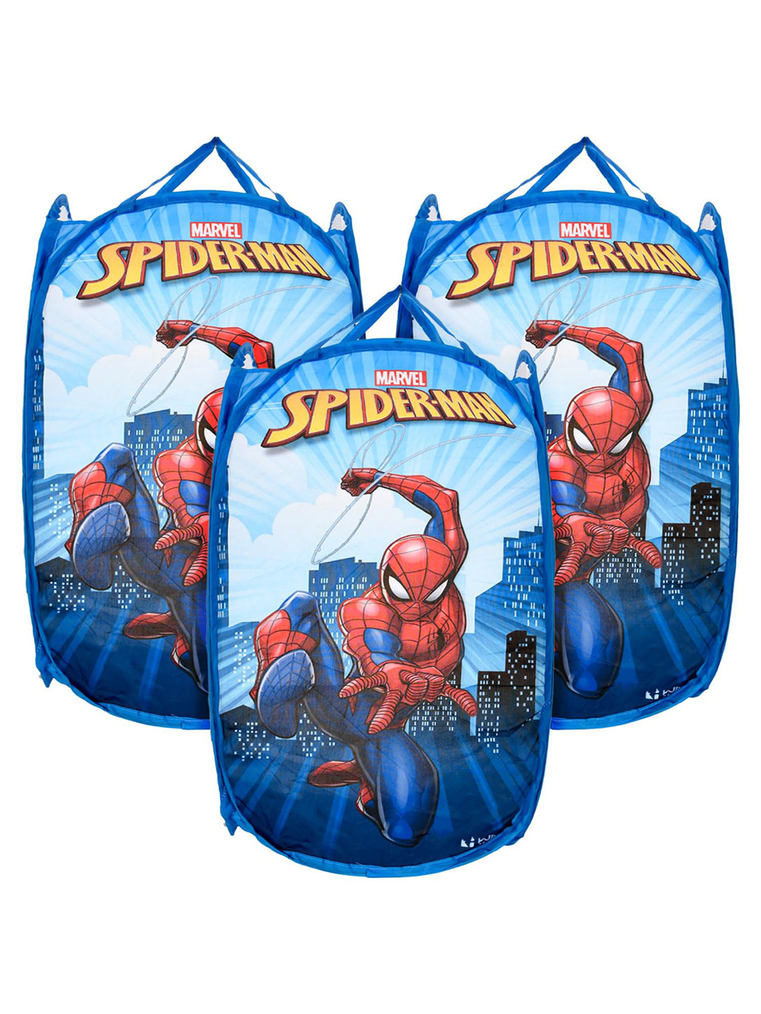 Kuber Industries Blue 3 Pieces Marvel Spiderman Printed Laundry Bags