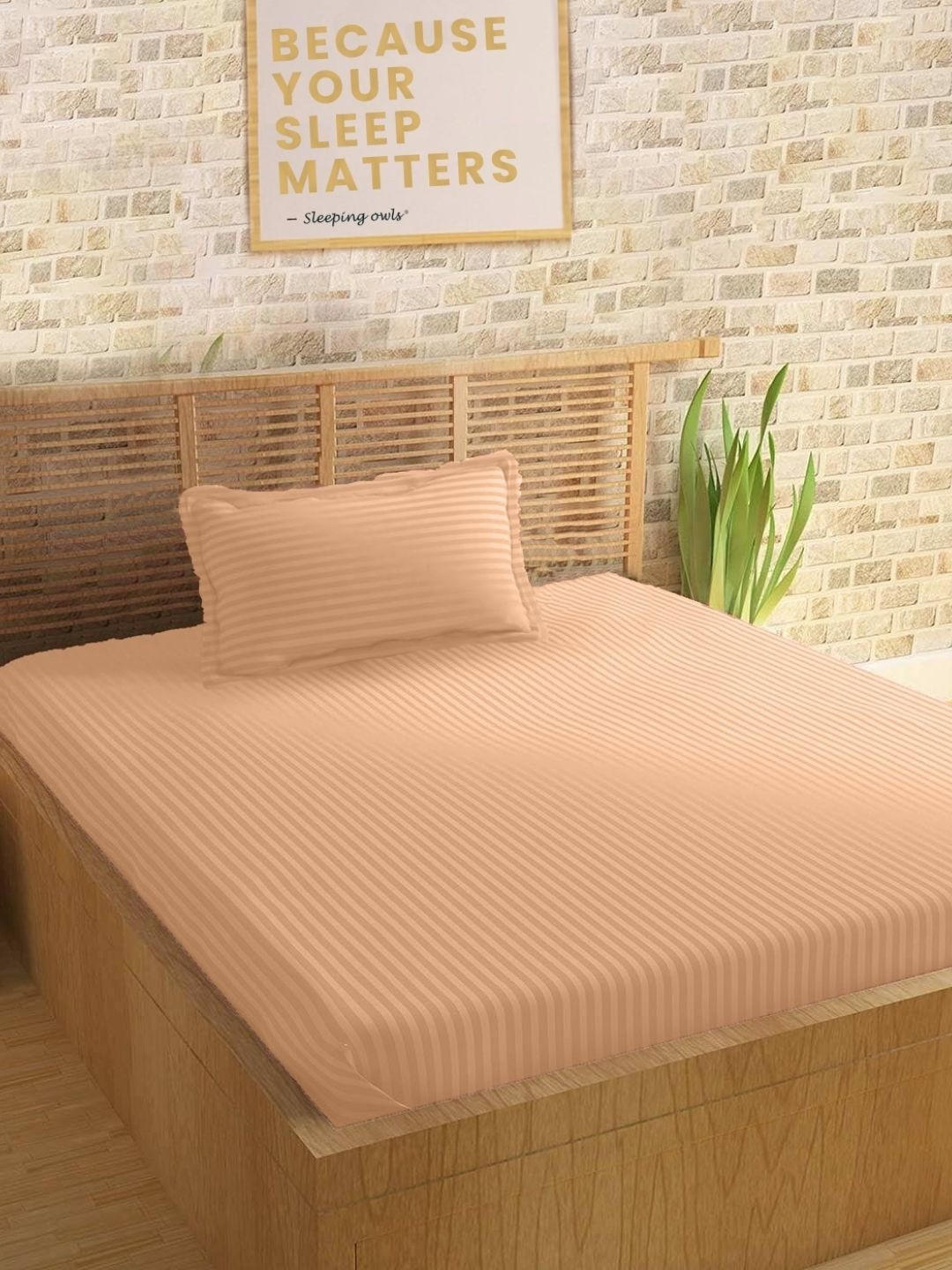 Sleeping Owls Peach-Coloured Striped 210 TC Single Bedsheet with 1 Pillow Covers