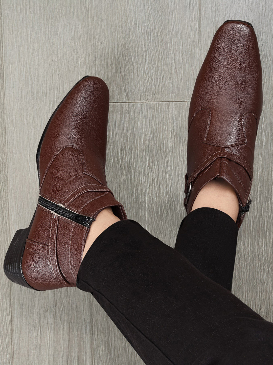 Bxxy Men Square Toe Block Heel Formal Slip-on Zipper Ring Boots