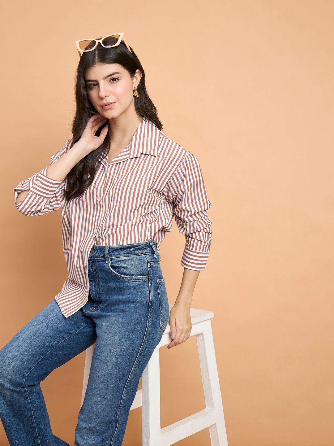 The Roadster Lifestyle Co Brown Striped Cotton Oversized Long Sleeve Button-Down Shirt