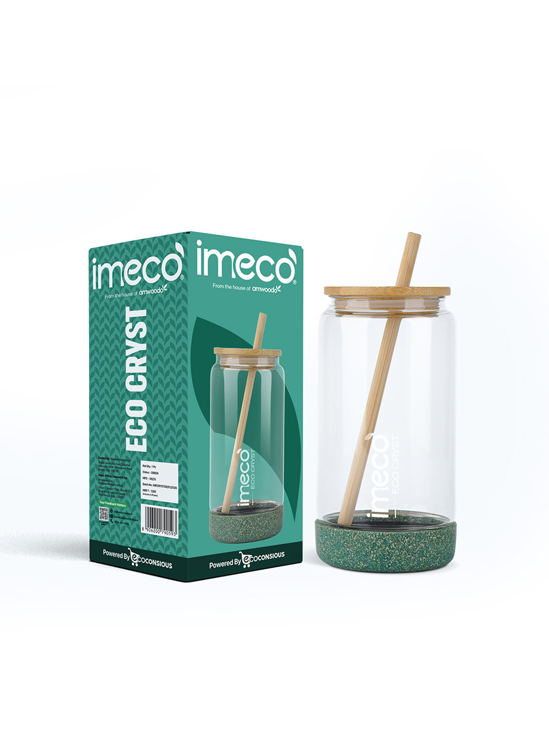 IMECO Green Borosilicate Glass Sipper Bottle With Bamboo Lid & Reusable Straw 500 ml