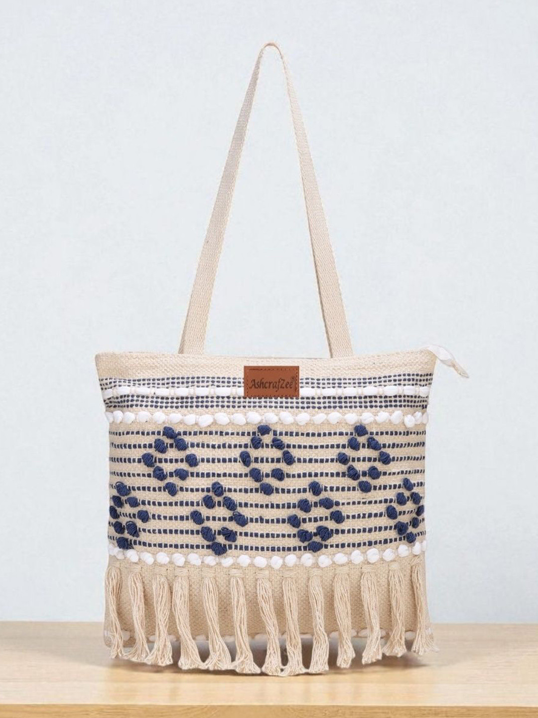 AshcrafZee Colourblocked Up to 12 inch Tote Bag with Fringed