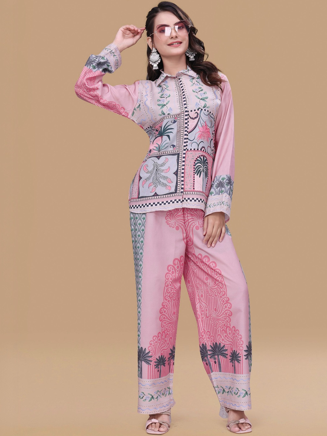 Peach Petals Printed Button-Down Collar Shirt With Relaxed-Fit Palazzos Co-Ords