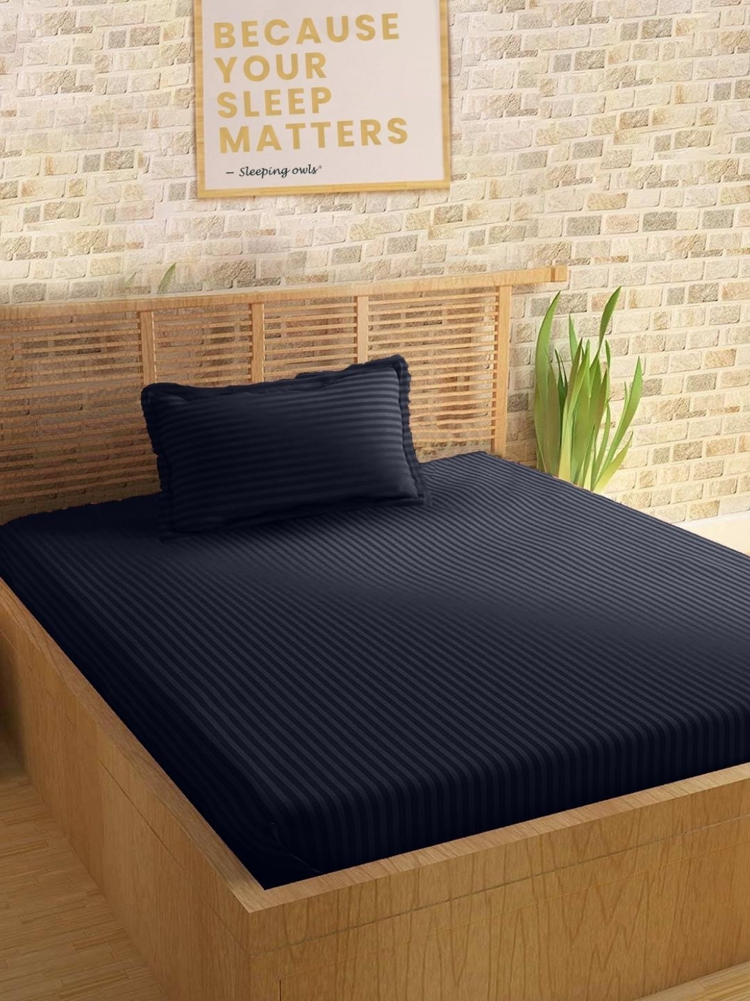 Sleeping Owls Navy Blue Striped 210 TC Single Bedsheet with 1 Pillow Covers