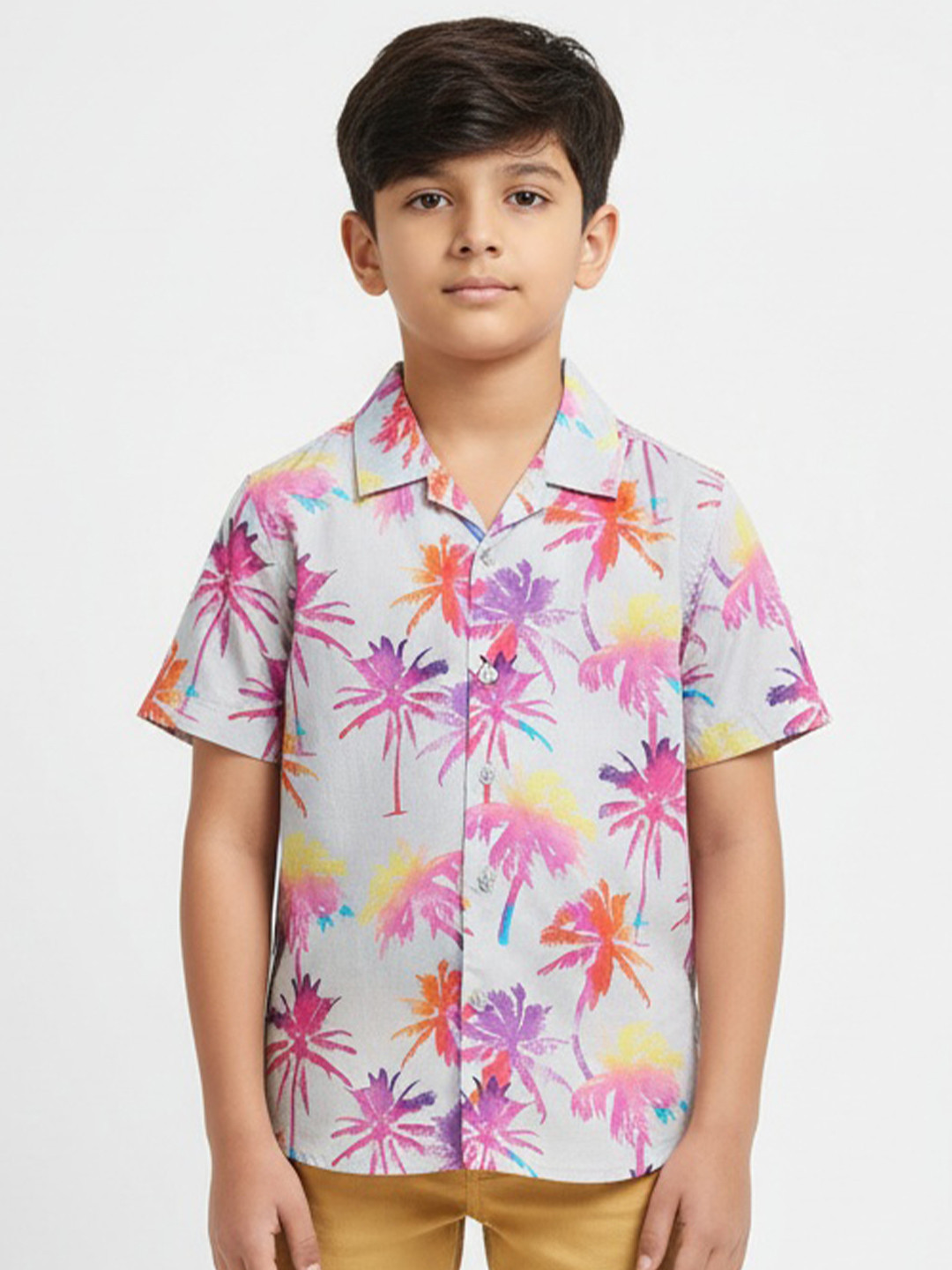 The Lion and Fish Boys Relaxed Fit Floral Printed Cuban Collar Casual Shirt