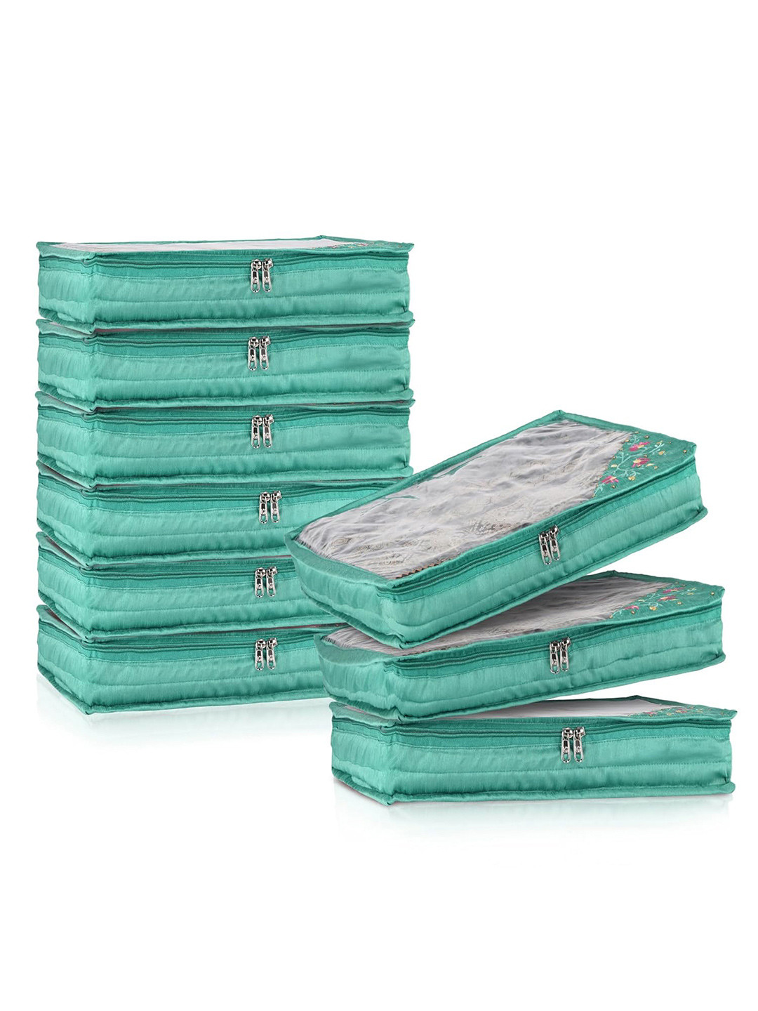 Kuber Industries Green & Transparent 9 Pieces Self Design Saree Organisers