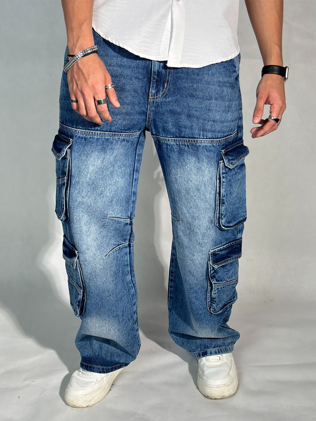 Off Duty India Men Blue Surge Wide Leg Cargo Jeans