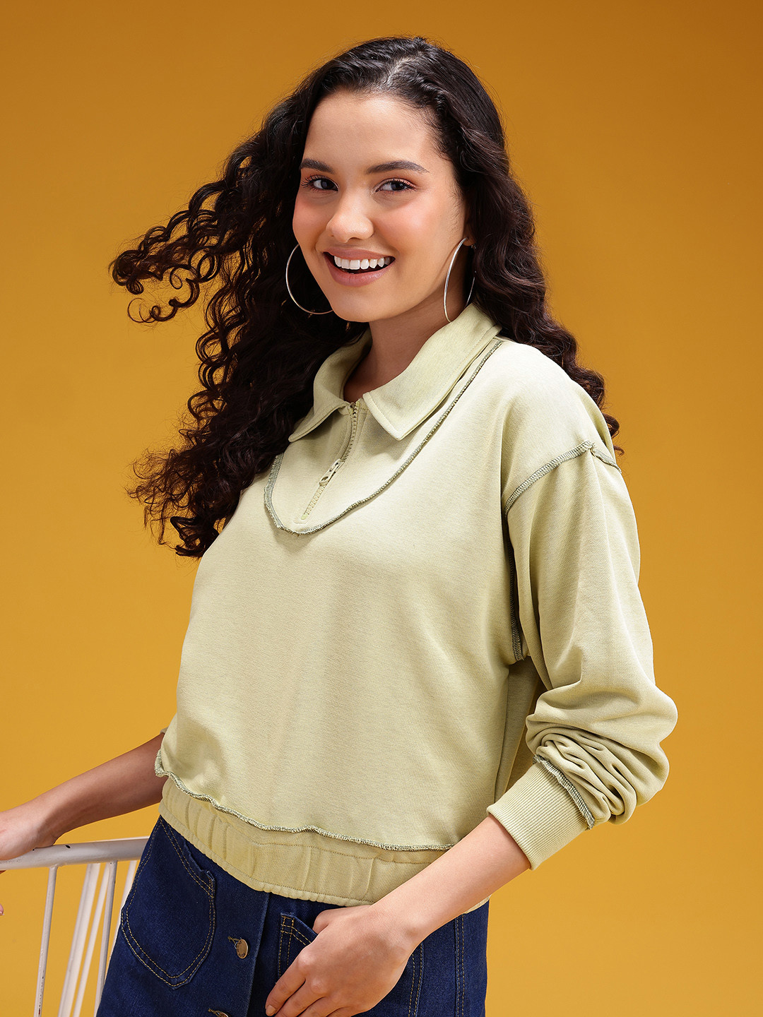 HERE&NOW Shirt Collar Drop-Shoulder Sleeves Cropped Sweatshirt