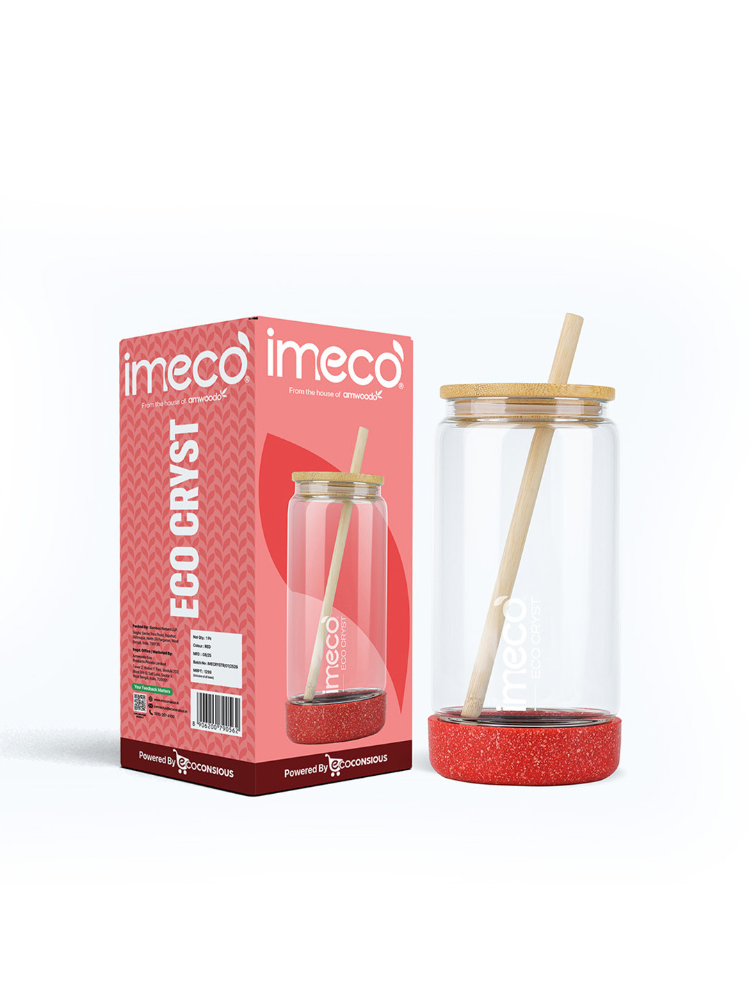 IMECO Red & Transparent Brand Logo Glass Sipper Water Bottle With Bamboo Lid -500 ml