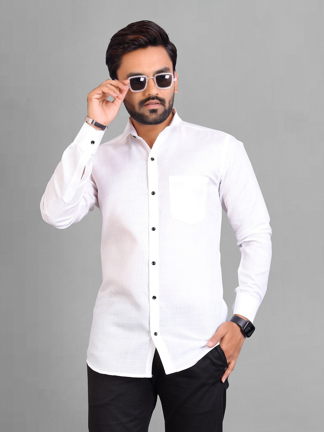 VFG Men Textured Spread Collar Cotton Casual Shirt