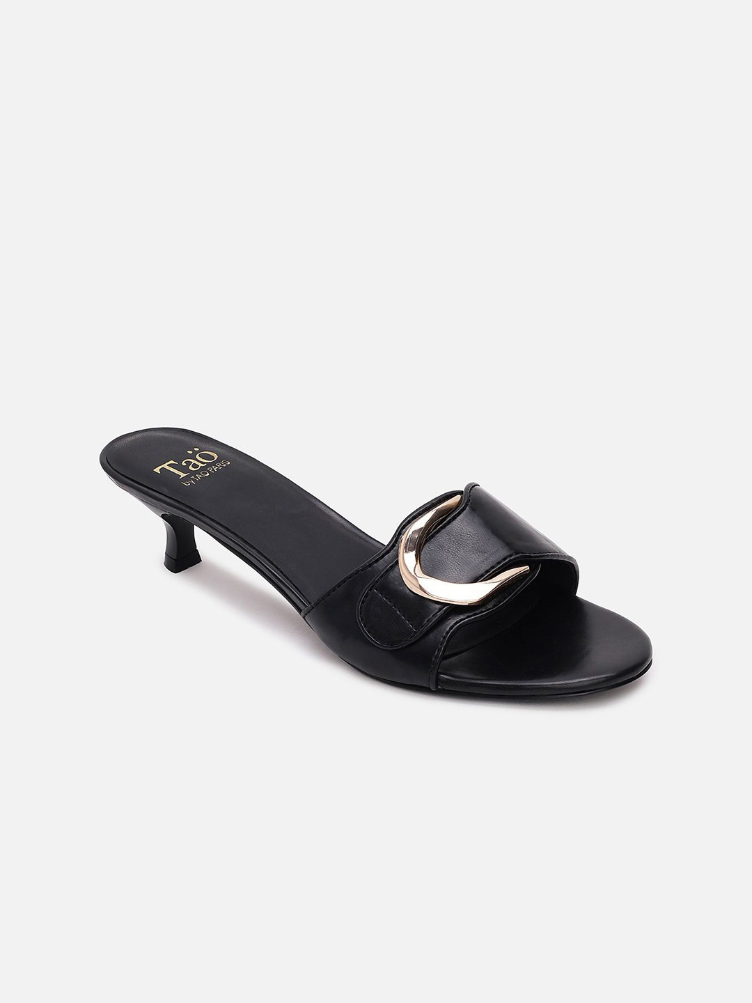 Tao Paris Women Black Kitten Heel Slip On Sandals With A Gold Buckle Accessory