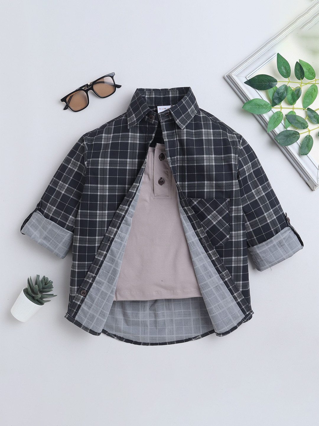 BAATCHEET Boys Premium Fit Checked Spread Collar Cotton Casual Shirt